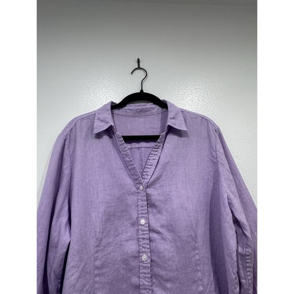 Foxcroft Linen Button Down Shirt Womens Lavender V-Neck Side Split Coastal READ - Picture 2 of 5